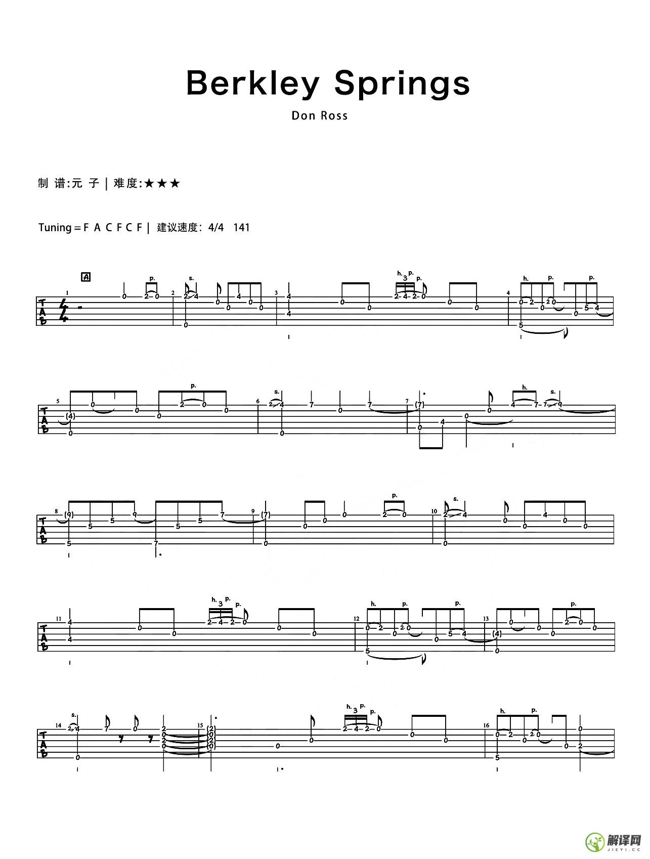 BerkleySprings吉他谱,原版歌曲,简单未知调弹唱教学,六线谱指弹简谱2张图