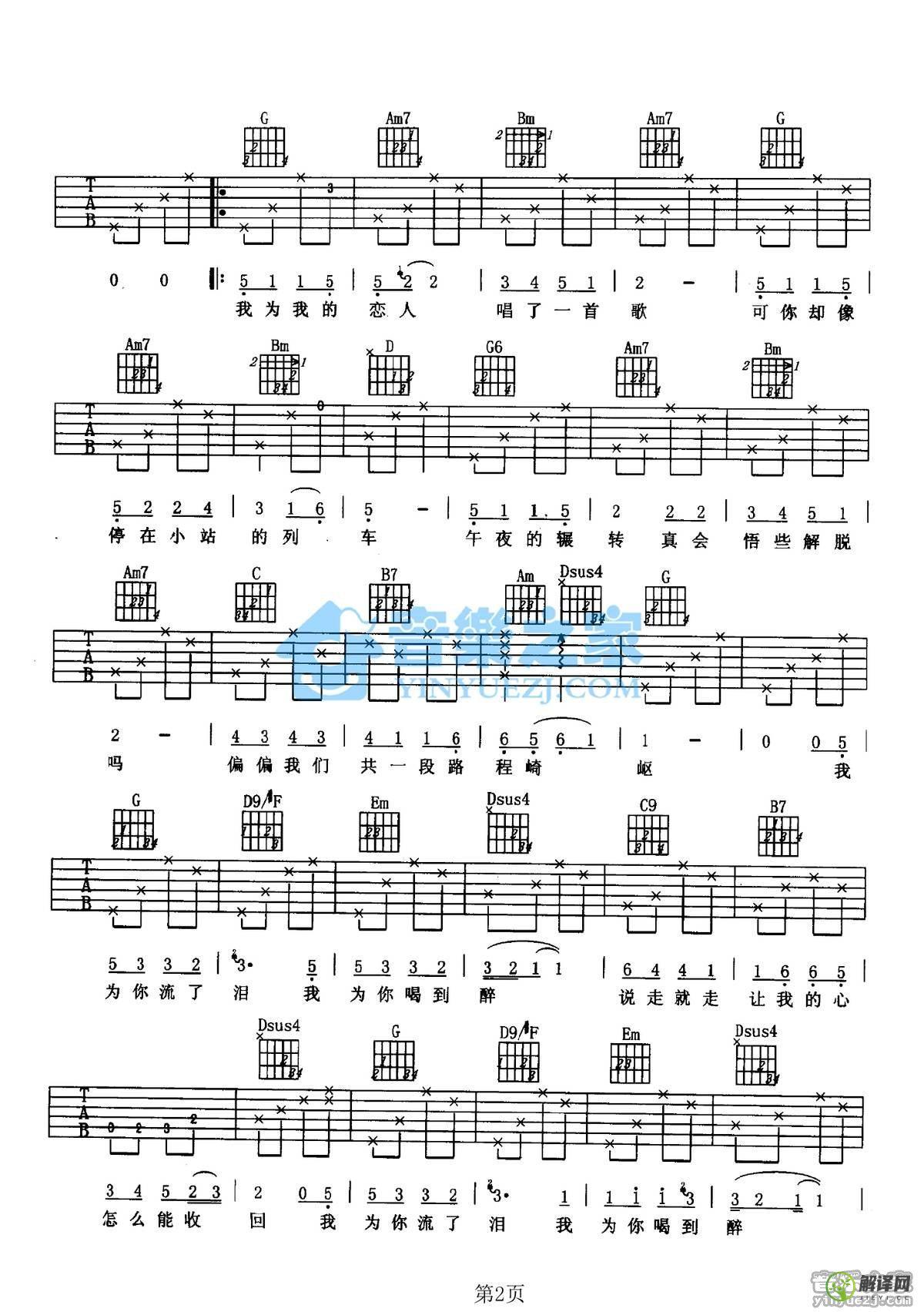 列车吉他谱,原版歌曲,简单G调弹唱教学,六线谱指弹简谱2张图