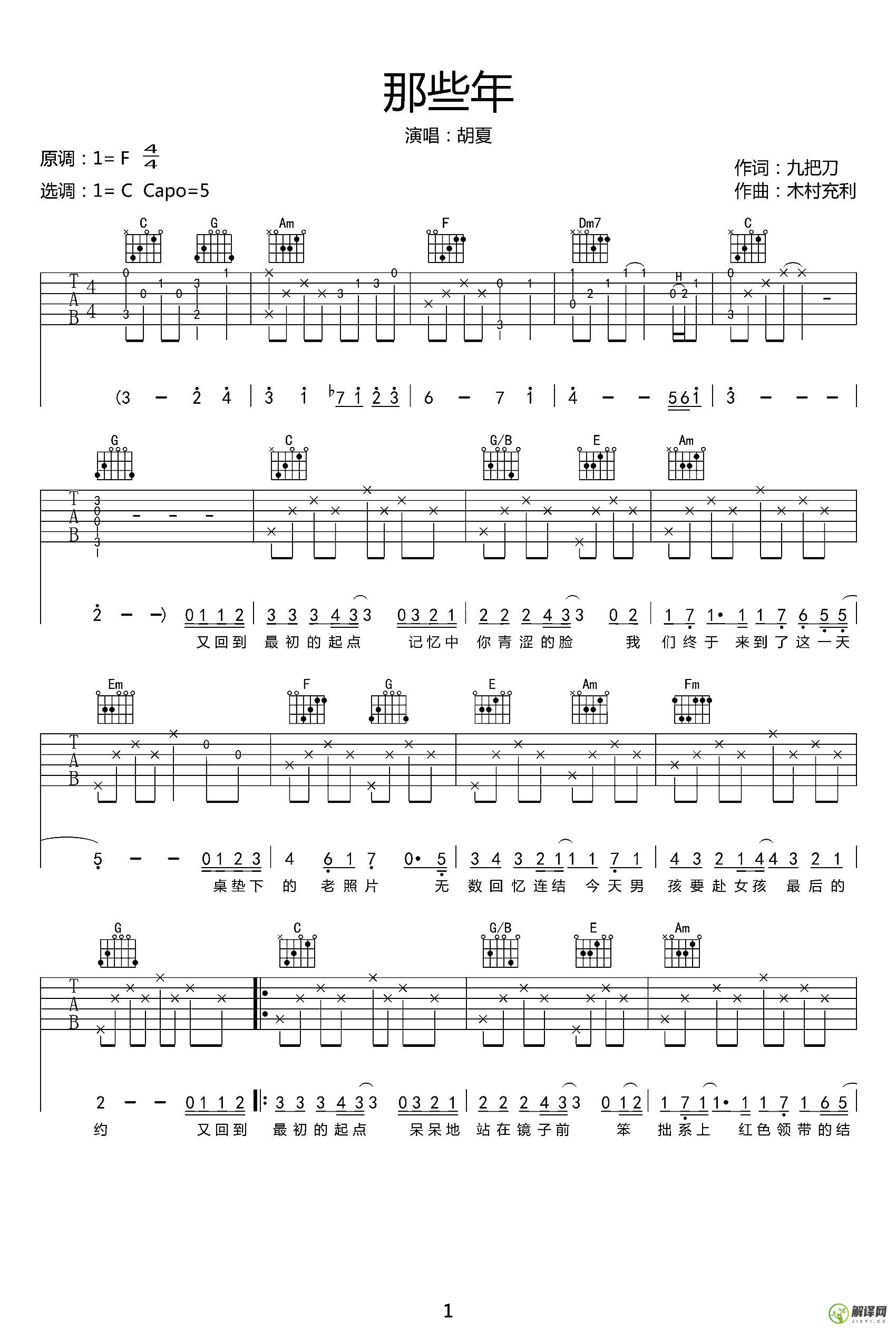 那些年吉他谱,原版歌曲,简单F调弹唱教学,六线谱指弹简谱3张图