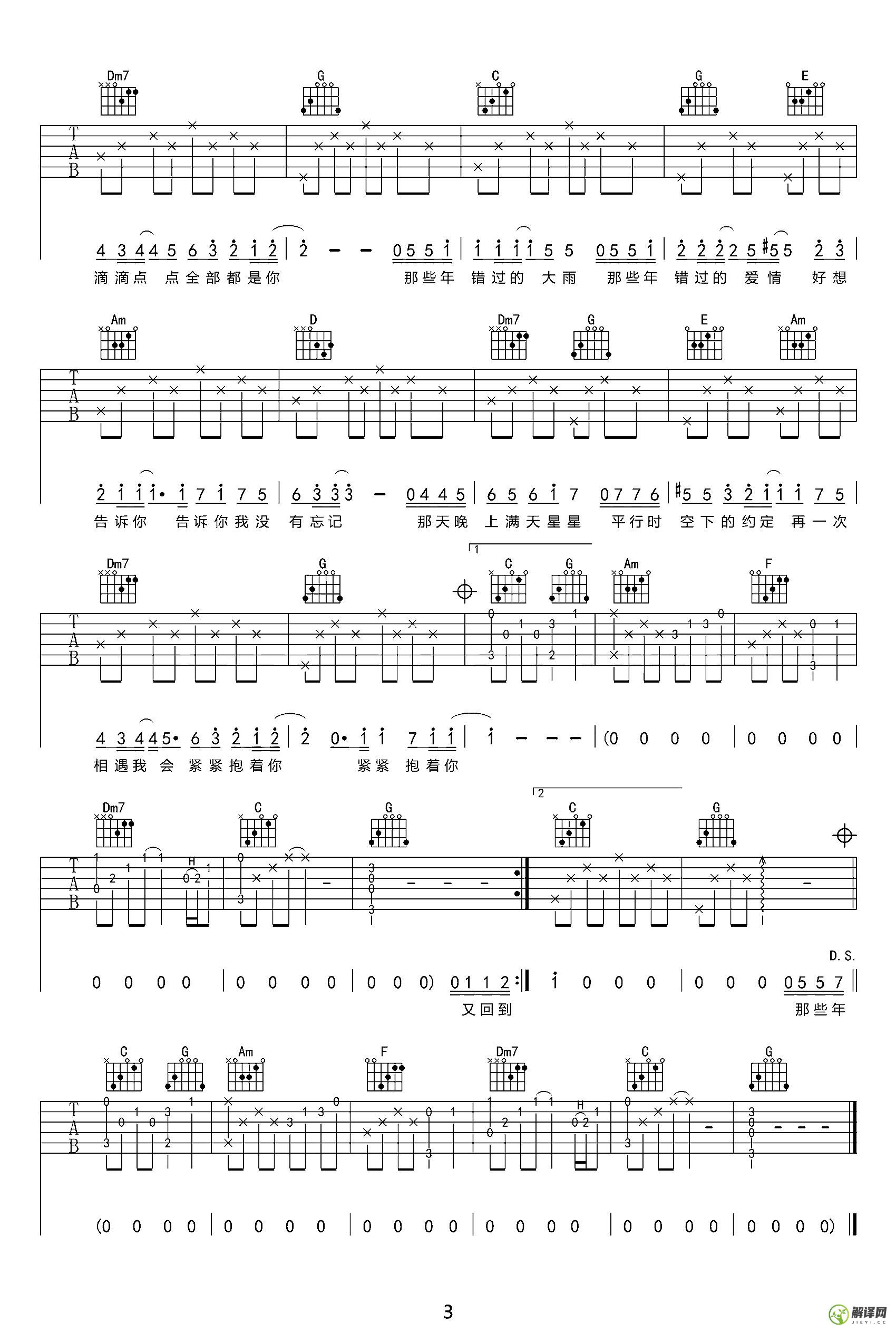 那些年吉他谱,原版歌曲,简单F调弹唱教学,六线谱指弹简谱3张图
